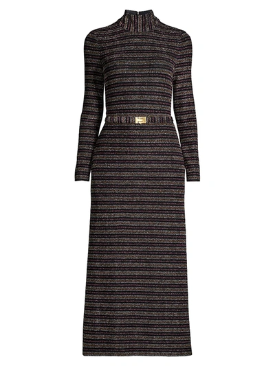 Shop Tory Burch Striped Lurex Mockneck Dress In Black