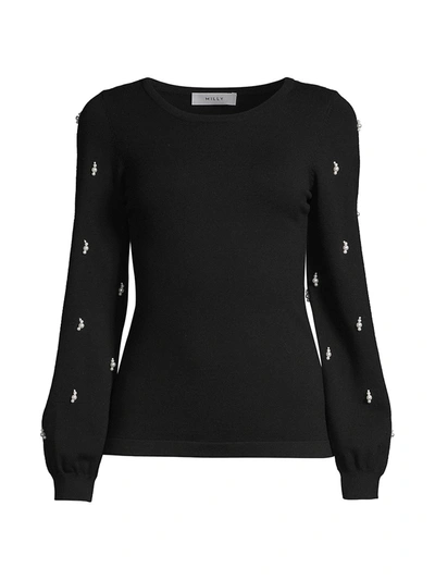 Shop Milly Pearl Embellished Knit Puff-sleeve Sweater In Black