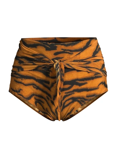 Shop Norma Kamali Tie Front High-waisted Bikini Bottoms In Tiger