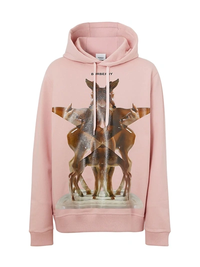 Shop Burberry Eversham Deer Graphic Hoodie In Frosted Pink