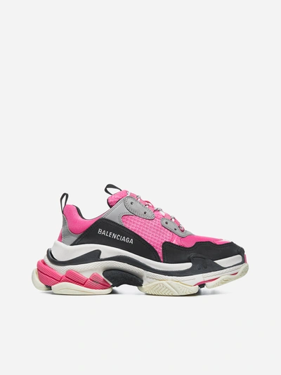 Shop Balenciaga Triple S Leather And Nylon Sneakers In Fluo Pink - Grey - White