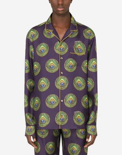 Shop Dolce & Gabbana Polka-dot And Peacock-print Silk Pajama Shirt In Multicolor