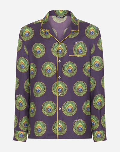 Shop Dolce & Gabbana Polka-dot And Peacock-print Silk Pajama Shirt In Multicolor