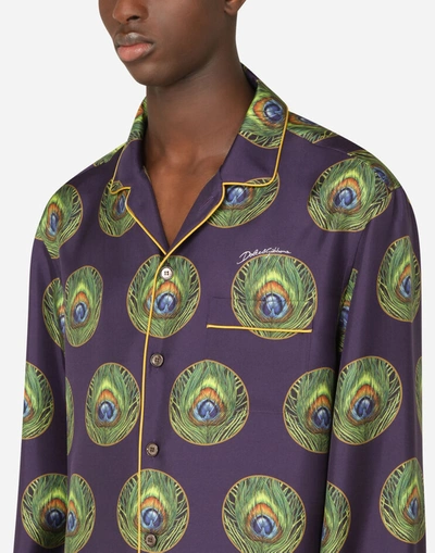 Shop Dolce & Gabbana Polka-dot And Peacock-print Silk Pajama Shirt In Multicolor