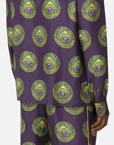 Shop Dolce & Gabbana Polka-dot And Peacock-print Silk Pajama Shirt In Multicolor