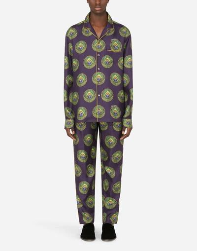Shop Dolce & Gabbana Polka-dot And Peacock-print Silk Pajama Pants In Multicolor