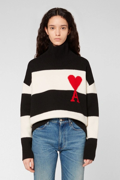 Shop Ami Alexandre Mattiussi Ami De Coeur Oversize Funnel Neck Striped Sweater In Black