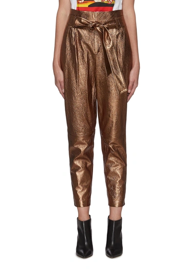 Shop Alice And Olivia 'gabrielle' Metallic Leather High Waist Pants In Brown