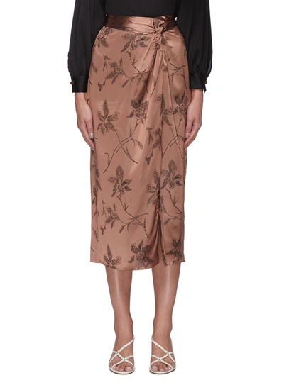 Shop Vince 'iris' Floral Jacquard Twist Knot Midi Skirt In Brown