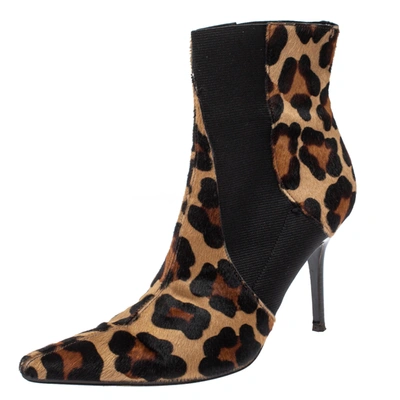 Pre-owned Dolce & Gabbana Animal Print Calf Hair And Elastic Fabric Knife Ankle Boots Size 38 In Brown