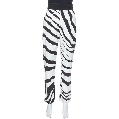 Pre-owned Roberto Cavalli White/black Zebra Print High Wide Leg Trouser M