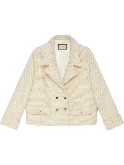 Shop Gucci Metallic Threaded Double-breasted Jacket In Neutrals