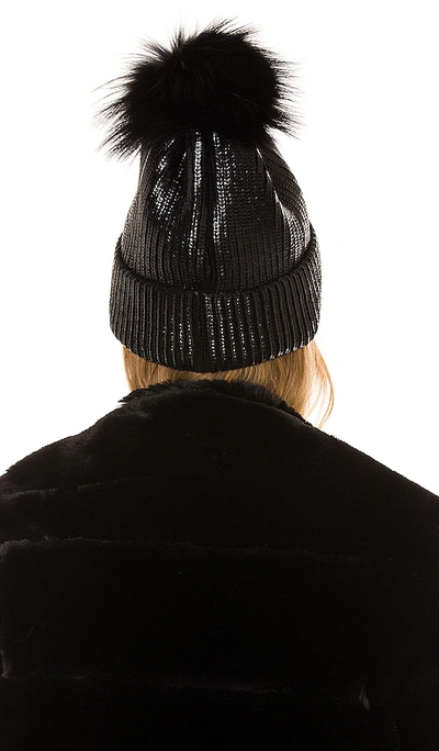 Adrienne Landau Metallic Ribbed Beanie W/ Fox Fur Pompom In Black