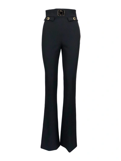 Shop Elisabetta Franchi Logo Patch High Waisted Trousers In Black