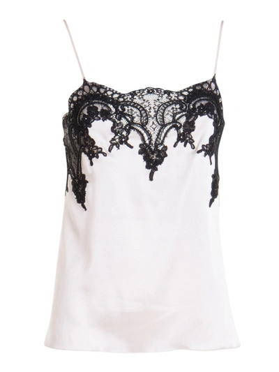 Shop Blumarine Lace Insert Silk Top In White And Black