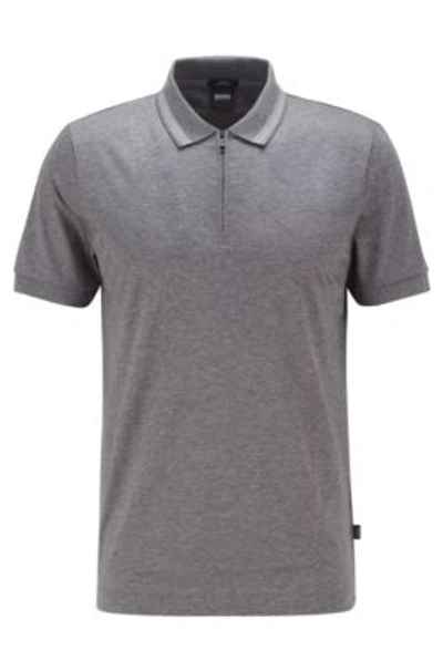 Shop Hugo Boss - Zip Neck Slim Fit Polo Shirt In Mercerized Cotton - Grey