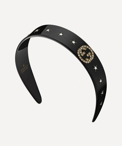 Shop Gucci Crystal Interlocking G Resin Headband In Black