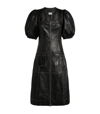 Shop Ganni Leather Puff-sleeve Midi Dress