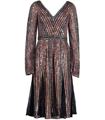 Shop Marchesa Notte Long Sleeve V-neck Striped Sequin Cocktail Dress In Mauve