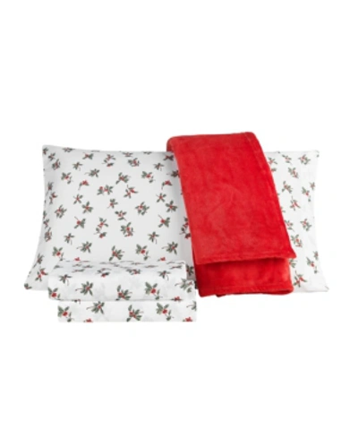 Shop Sanders Closeout!  Holiday Microfiber 5 Piece King Sheet Set And Throw Bedding In Holly Berry