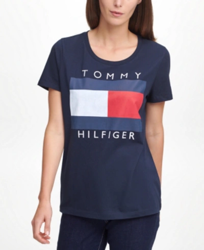 Shop Tommy Hilfiger Women's Cotton Logo T-shirt In Sky Captain