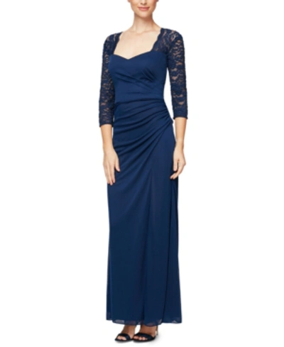 Shop Alex Evenings Petite Lace-sleeve Gown In Navy Blue