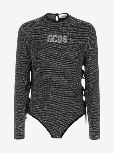 Shop Gcds Laces And Logo Metallic Nylon Bodysuit In Black