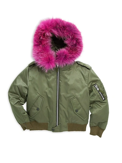 Shop Sam Girl's Jenny Coyote Fur-trim Down Bomber Jacket In Green Hot Pink