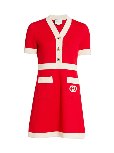 Shop Gucci Women's Fine Wool Stitch Pocket Dress In Red