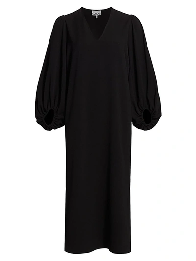 Shop Ganni Women's Heavy Crepe Puff-sleeve Midi Dress In Black