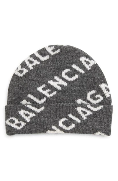 Shop Balenciaga Logo Jacquard Wool Beanie In Dark Grey/ White