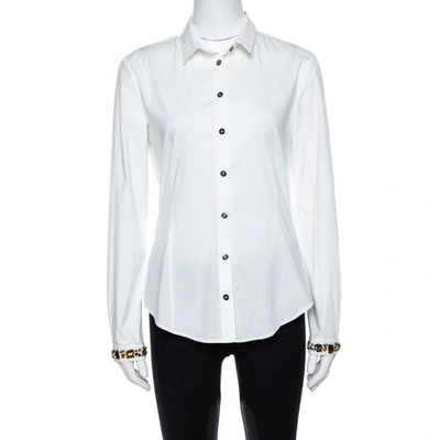 Pre-owned Burberry Brit White Cotton Jewel Embellished Cuff Long Sleeve Shirt M