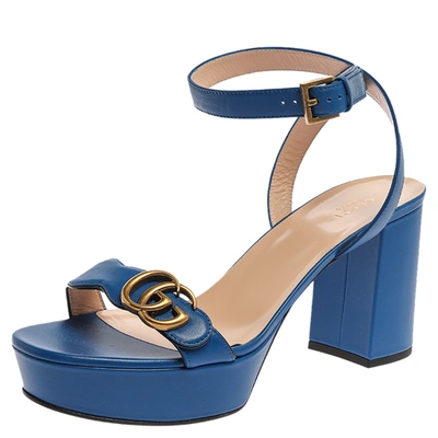 Pre-owned Gucci Blue Leather Gg Marmont Ankle Strap Sandals Size 41