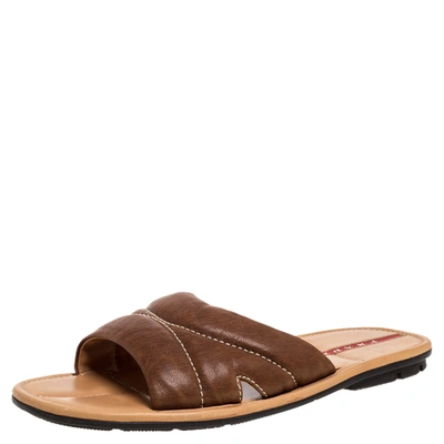 Pre-owned Prada Sports Brown Leather Flat Slide Sandals Size 42