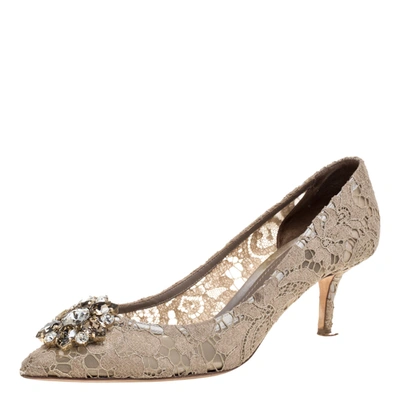 Pre-owned Dolce & Gabbana Dolce And Gabbana Beige Brocade Lace Bellucci Crystal Embellished Pointed Toe Pumps Size 40.5