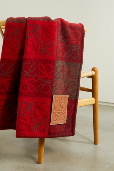Shop Loewe Leather-trimmed Intarsia Wool And Cashmere-blend Blanket In Red