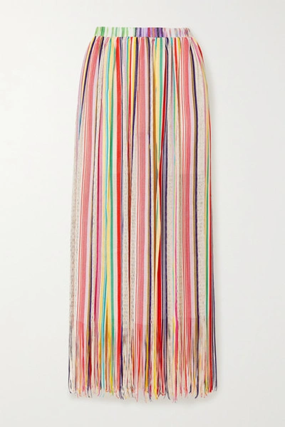 Shop Missoni Mare Fringed Striped Crochet-knit Maxi Skirt In Yellow