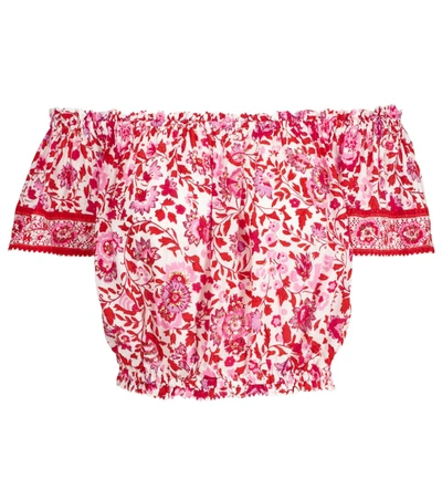 Shop Poupette St Barth Camila Sequined Floral Crop Top In Red