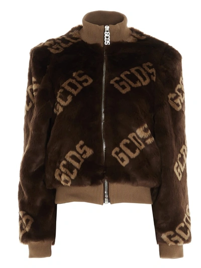 Shop Gcds Faux Fur Logo Bomber Jacket In Brown