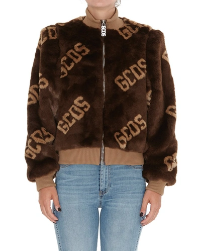 Shop Gcds Faux Fur Logo Bomber Jacket In Brown