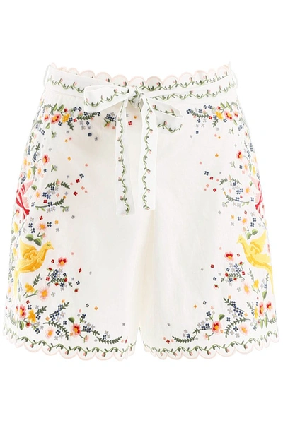Shop Zimmermann Carnaby Embroidered Bird Shorts In White