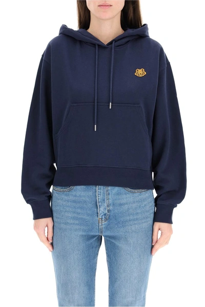 Shop Kenzo Tiger Patch Drawstring Hoodie In Blue