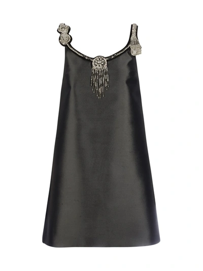 Shop Prada Embroidered Neckline Dress In Grey