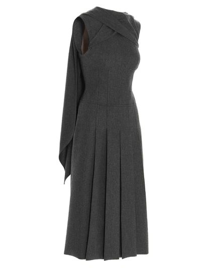 Shop Fendi Draped Collar Midi Dress In Grey