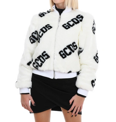 Shop Gcds Faux Fur Logo Bomber Jacket In White