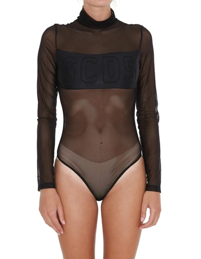 Shop Gcds Logo Band Sheer Bodysuit In Black