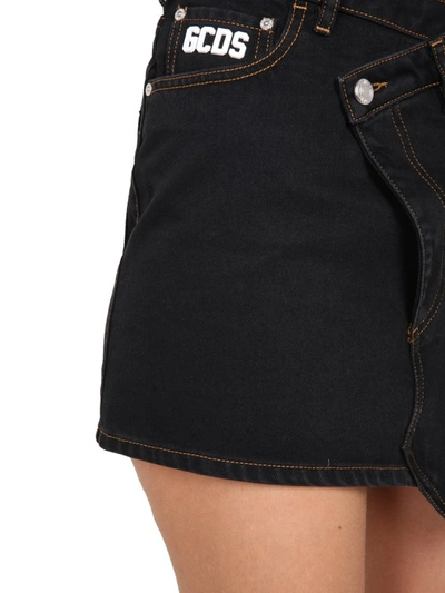 Shop Gcds Twisted Denim Mini Skirt In Black
