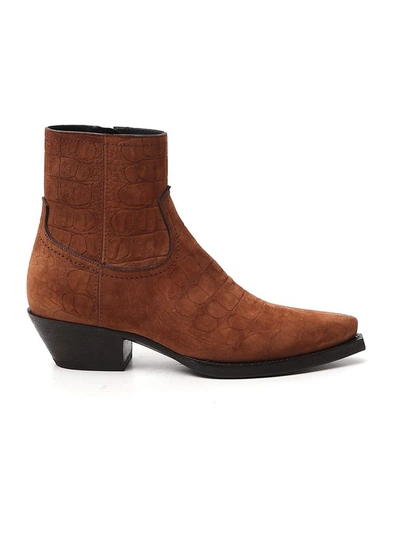 Shop Saint Laurent Lukas Western Embossed Ankle Boots In Brown