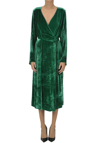 Shop Semicouture Velvet Wrap Dress In Dark Green