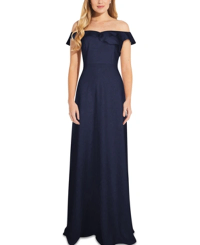 Shop Adrianna Papell Ruffled Off-the-shoulder Gown In Midnight